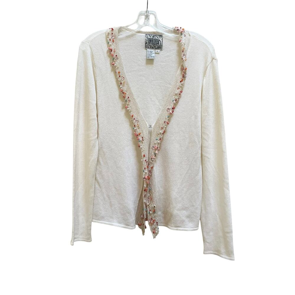 Curio Vintage Ecru Jeweled Cardigan Open Front Knit Sweater Coquette L